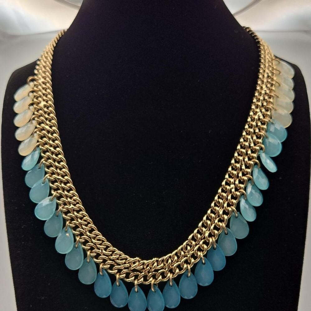 Gold Plated Necklace with Blue and White Dangles